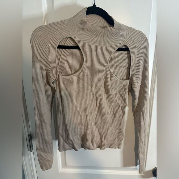 Lush Beige Ribbed Cut-Out mock neck sweater tan size small EUC - Picture 1 of 3